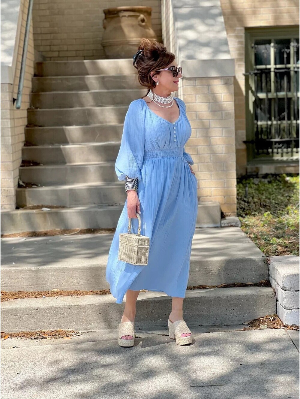 J.Crew V-Neck Midi Dress Airy Soft Gauze Cotton Muslin Light‎ Blue XS Milkmaid